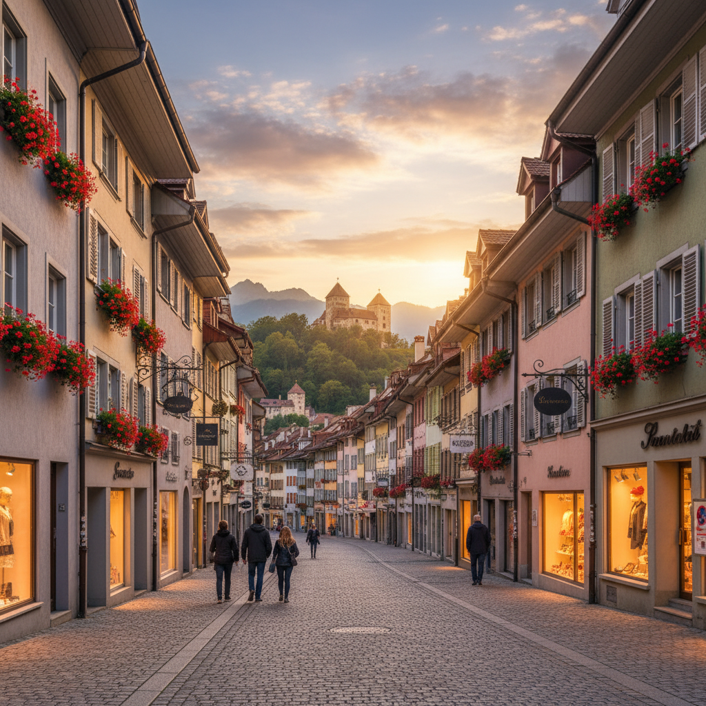 boutique shops on street in Liechtenstein, horizontal