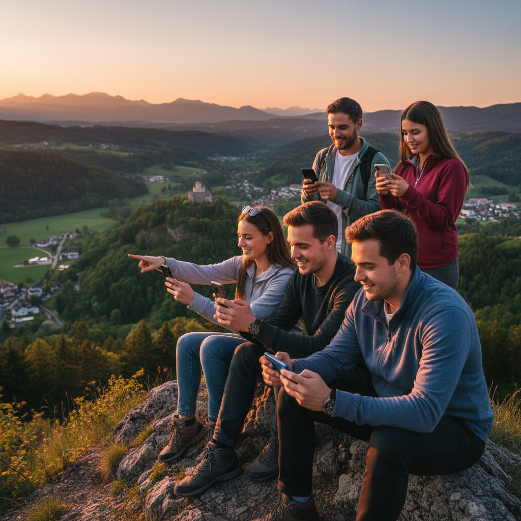 young adults using smartphones outdoors Liechtenstein, horizontal