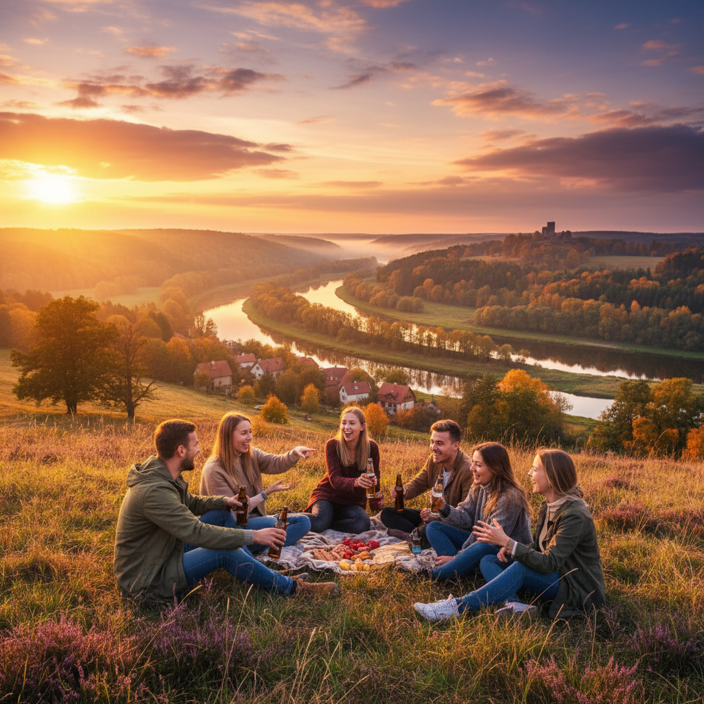 Group of friends socializing in Lithuania horizontal