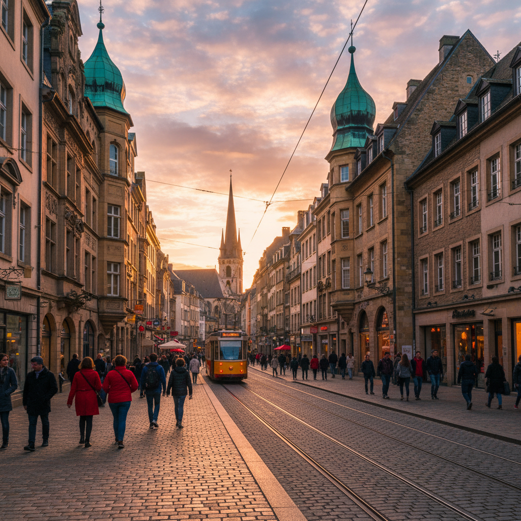 Street scene in Luxembourg City center with historic architecture, horizontal