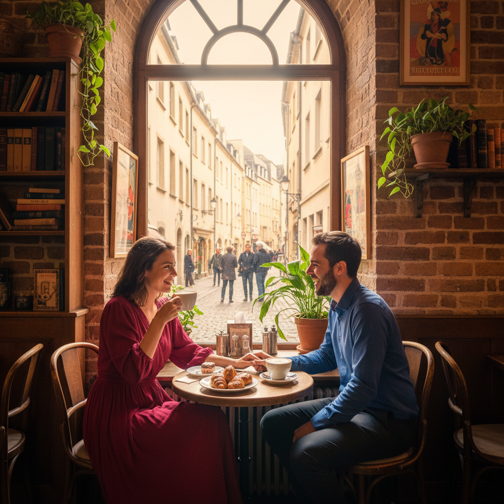 Couple on a date in a Luxembourg cafe, horizontal