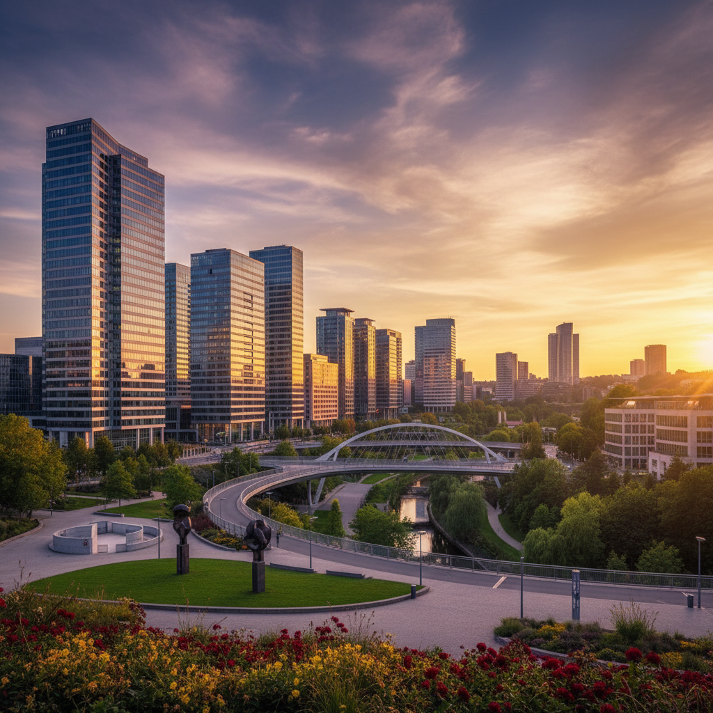 Modern office buildings in Luxembourg's financial district, horizontal