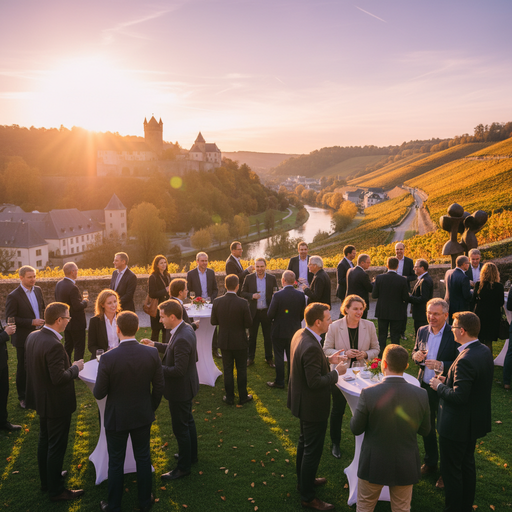 Diverse group of people networking at a Luxembourg event, horizontal