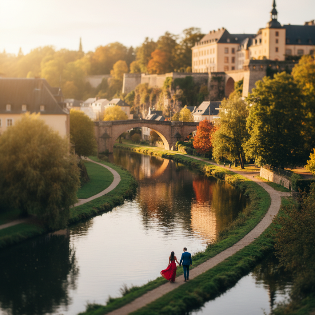 Romantic couple walking by the Alzette River in Luxembourg, horizontal