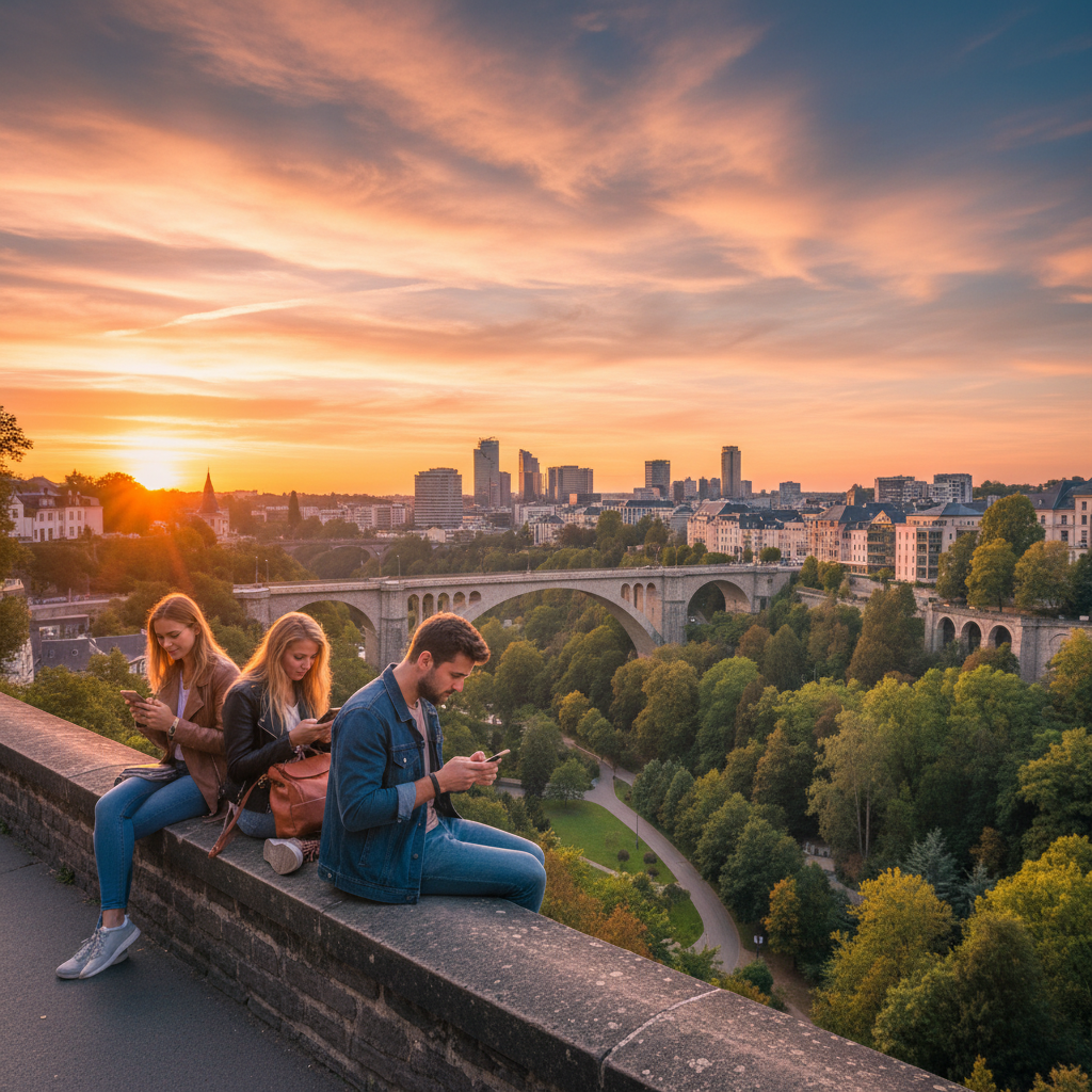 Young adults using smartphones outdoors in Luxembourg, horizontal