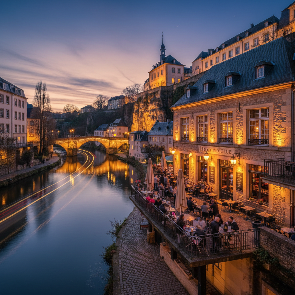Popular bar in Luxembourg City at night, horizontal