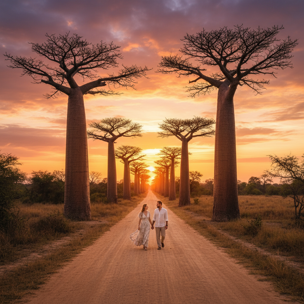 Avenue of the Baobabs Madagascar sunset romantic