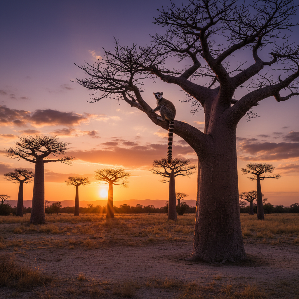 Madagascar lemur baobab sunset wildlife photography