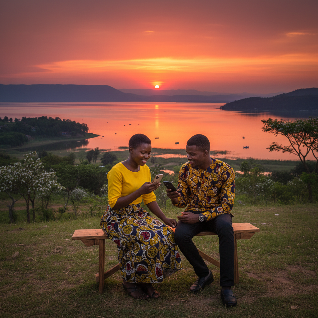 couple interacting online via smartphone, modern dating in Malawi, horizontal photo