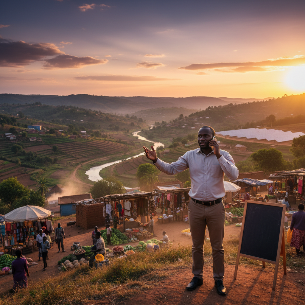 entrepreneur discussing business on a mobile phone in Malawi, earning potential, horizontal photo