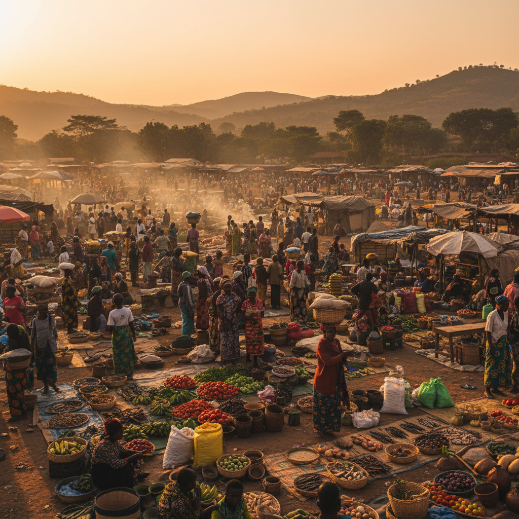 busy marketplace in Malawi, local commerce, economic activity, horizontal photo
