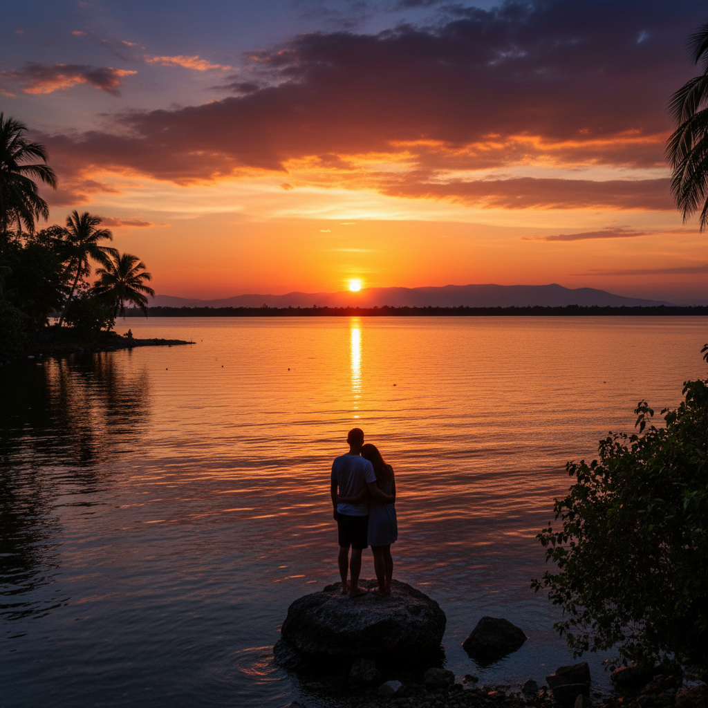 romantic sunset view over Lake Malawi, couple silhouette, horizontal photo