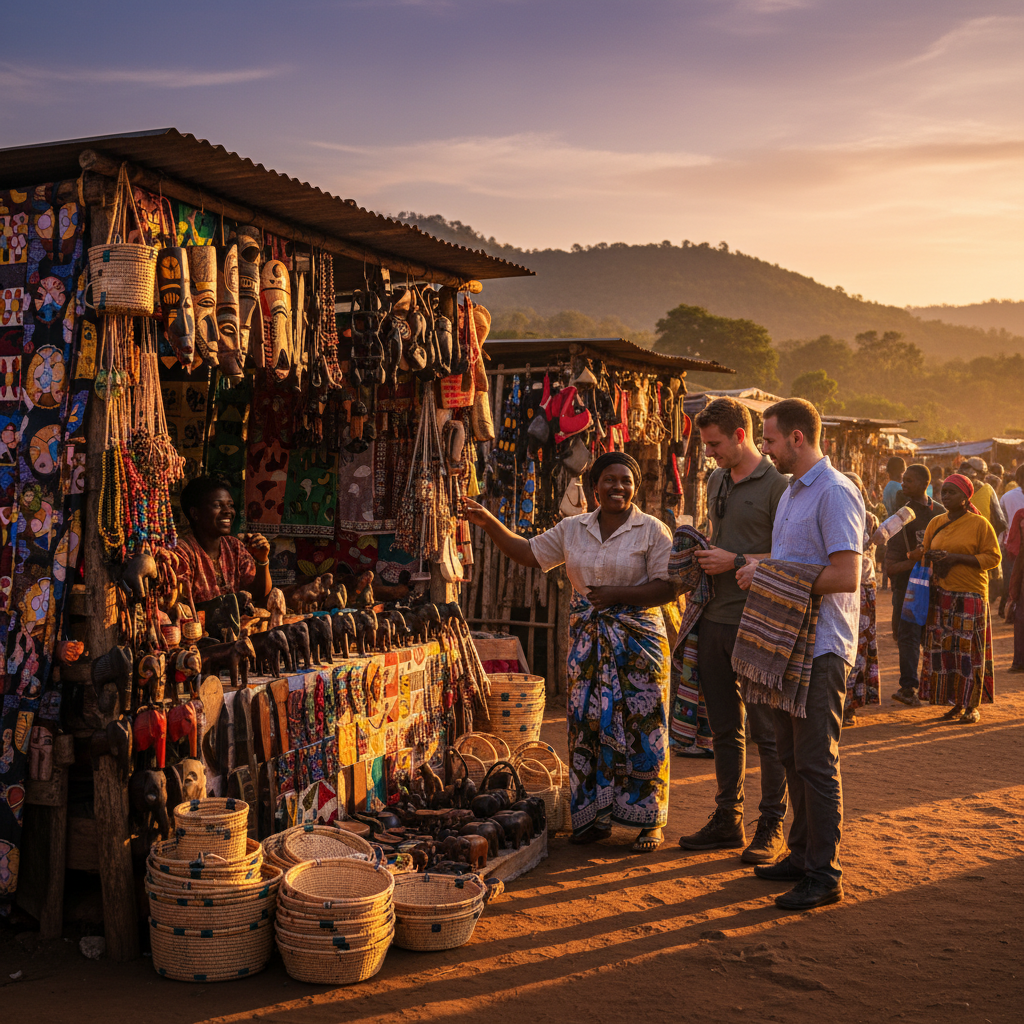 local craft market stall in Malawi, shopping for souvenirs, horizontal photo