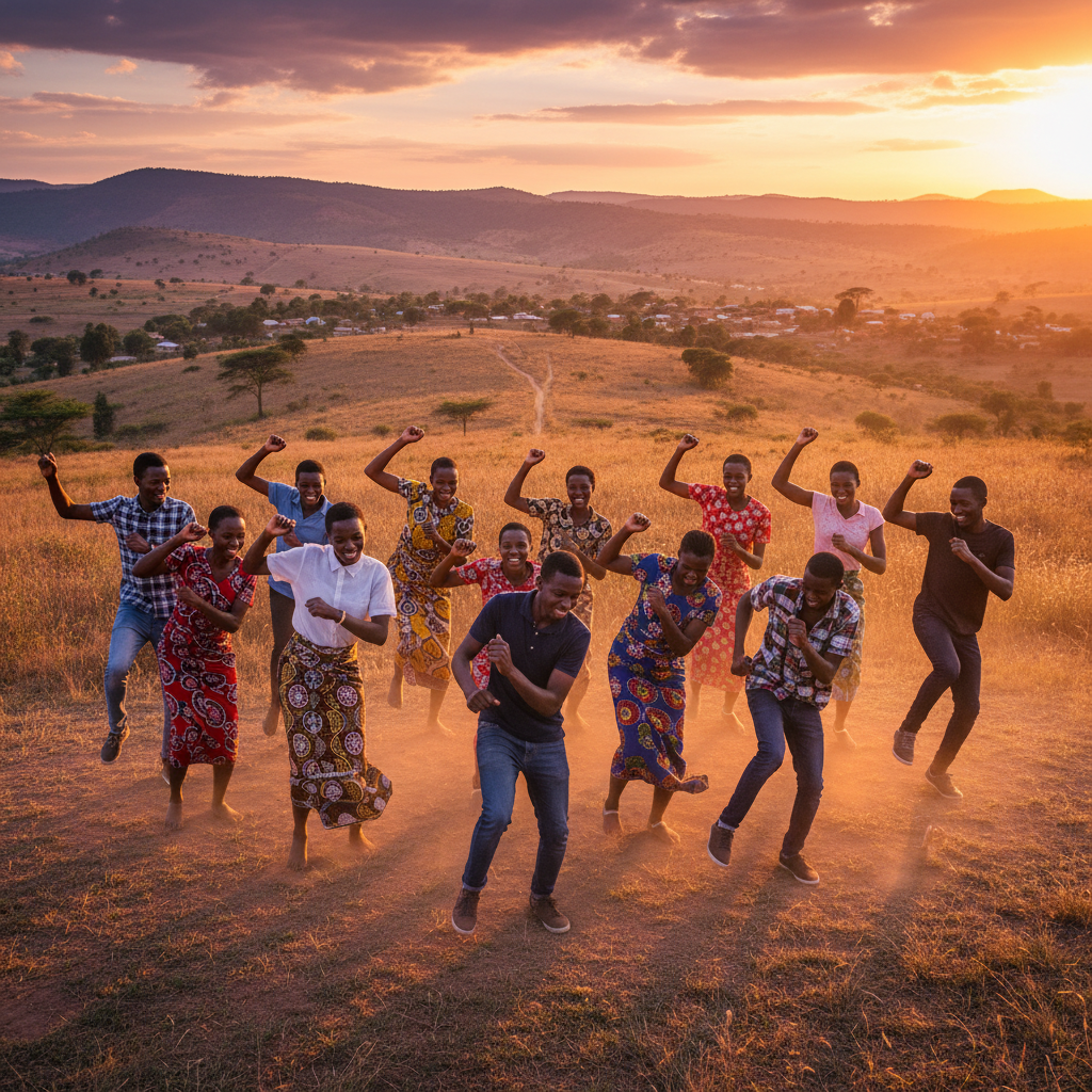young Malawians participating in a dance trend, social media influence, horizontal photo