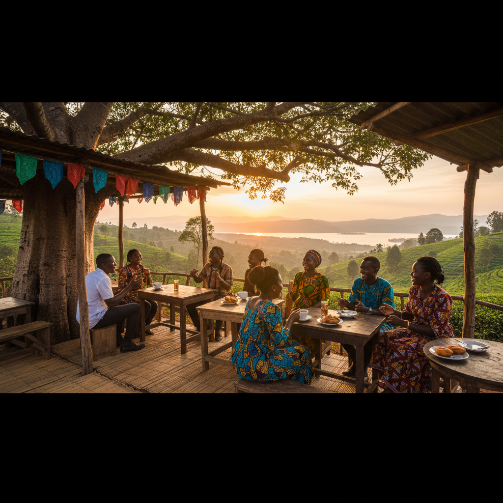 friends gathering at a cafe in Malawi, social meeting spot, horizontal photo