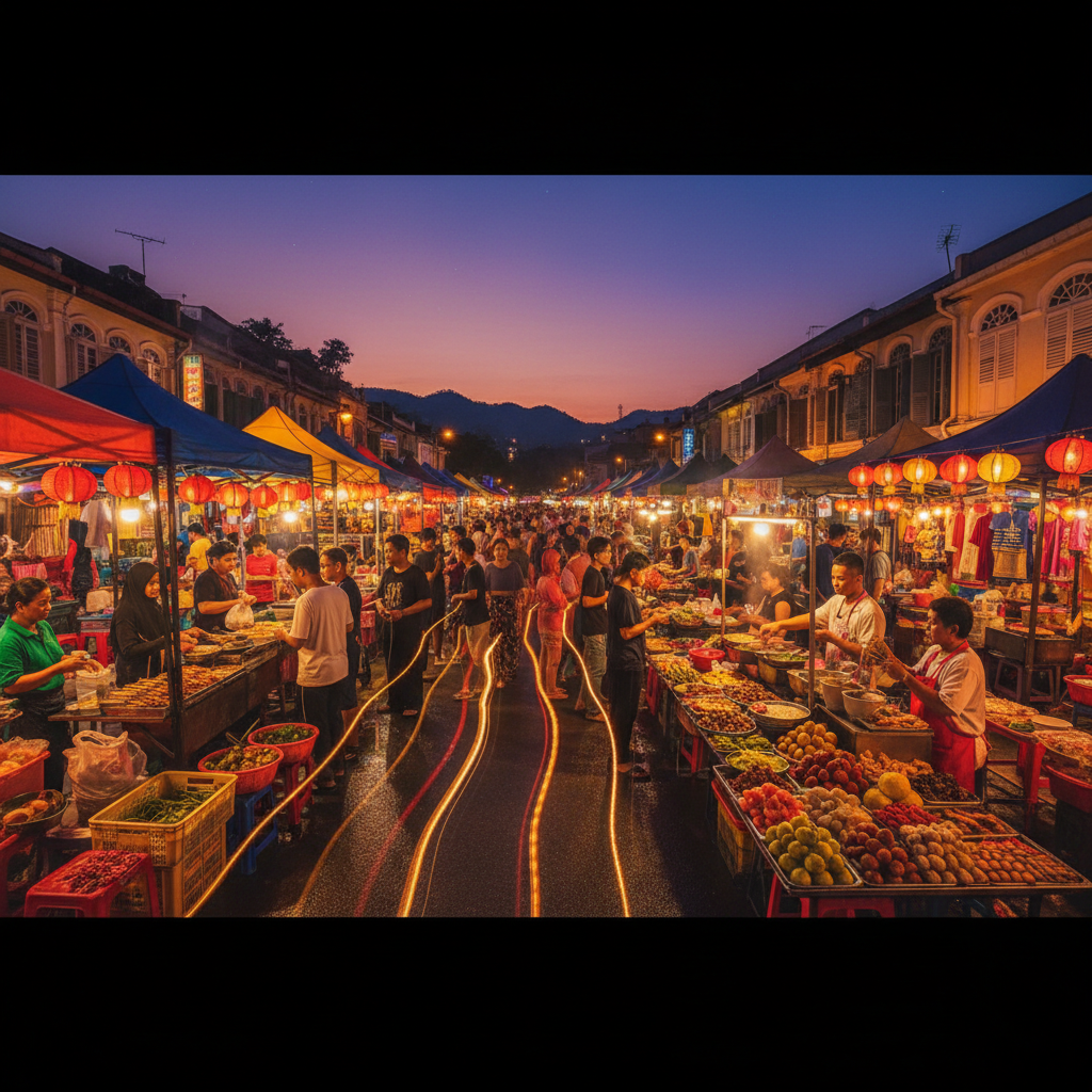 Vibrant night market shopping in Malaysia horizontal
