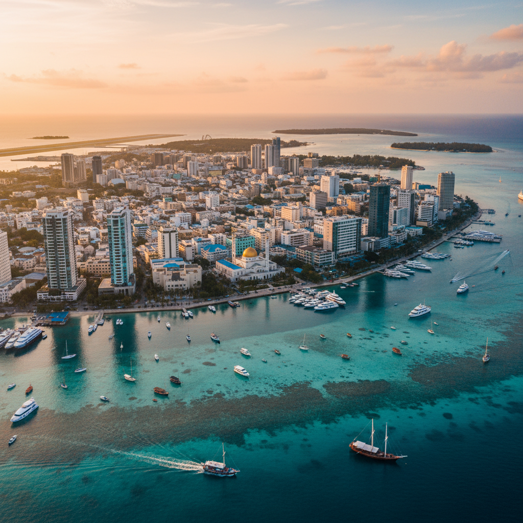 Aerial view of Male city with buildings and boats, horizontal
