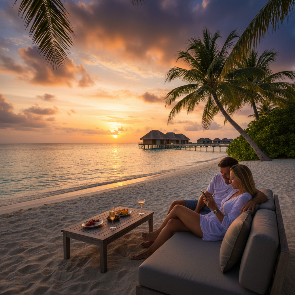 Couple looking at phones together on a date in Maldives, horizontal