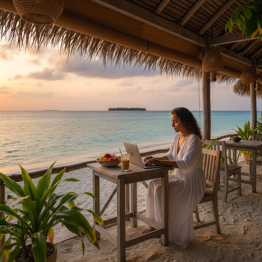 Maldivian entrepreneur working on a laptop in a cafe, horizontal