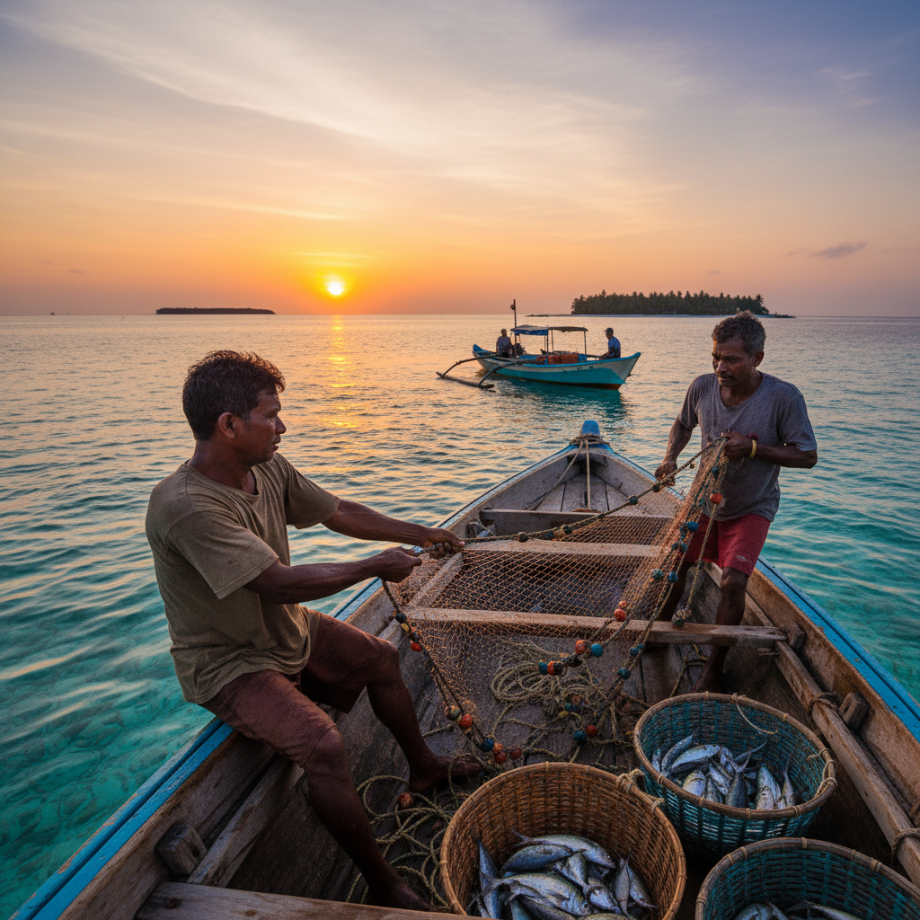 Fishermen working on a boat in the Maldives, symbolizing local economy, horizontal