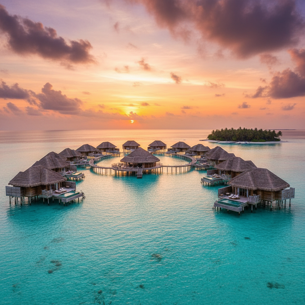 Luxury overwater bungalows in the Maldives, horizontal