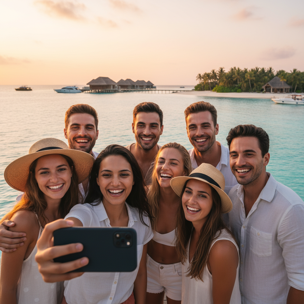 Diverse group of friends smiling and taking a selfie in the Maldives, horizontal