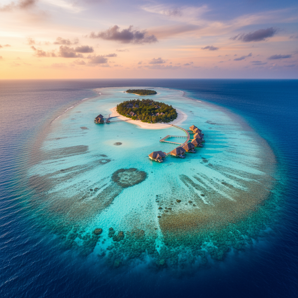 Overhead view of Maldives atolls with turquoise water, horizontal