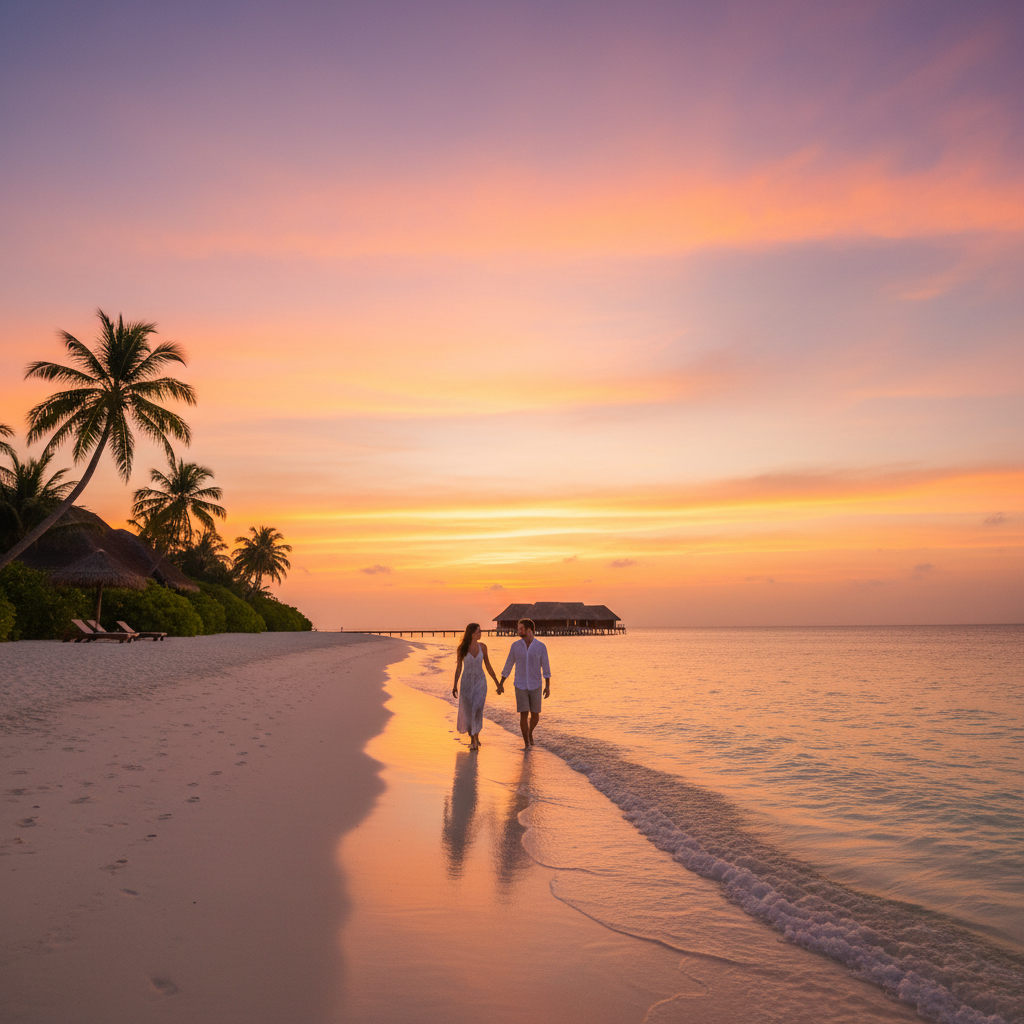 Couple walking hand-in-hand on a pristine Maldives beach at sunset, romantic, horizontal