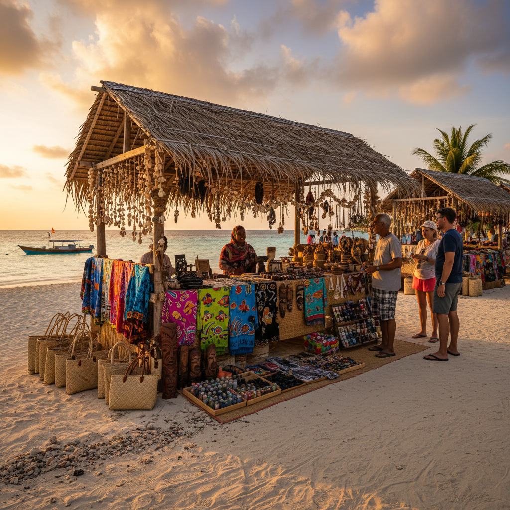 Local handicraft market stall in the Maldives, horizontal