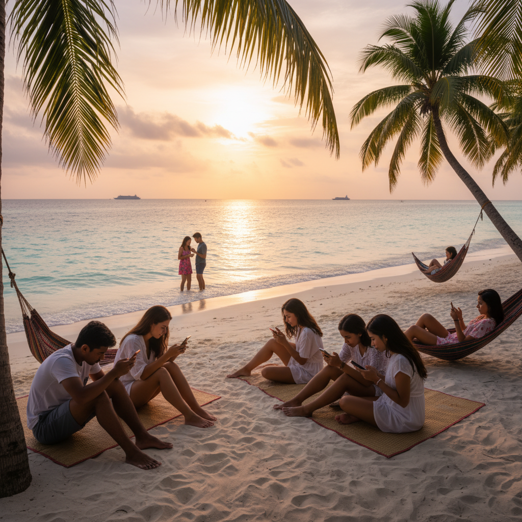 Young Maldivians using smartphones on a beach, showing social trends, horizontal