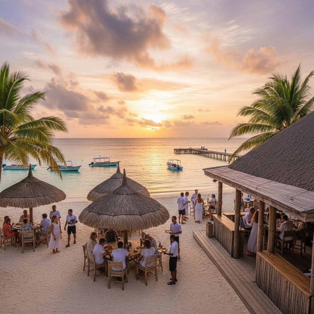 People gathering at a beachside cafe in Maldives, horizontal