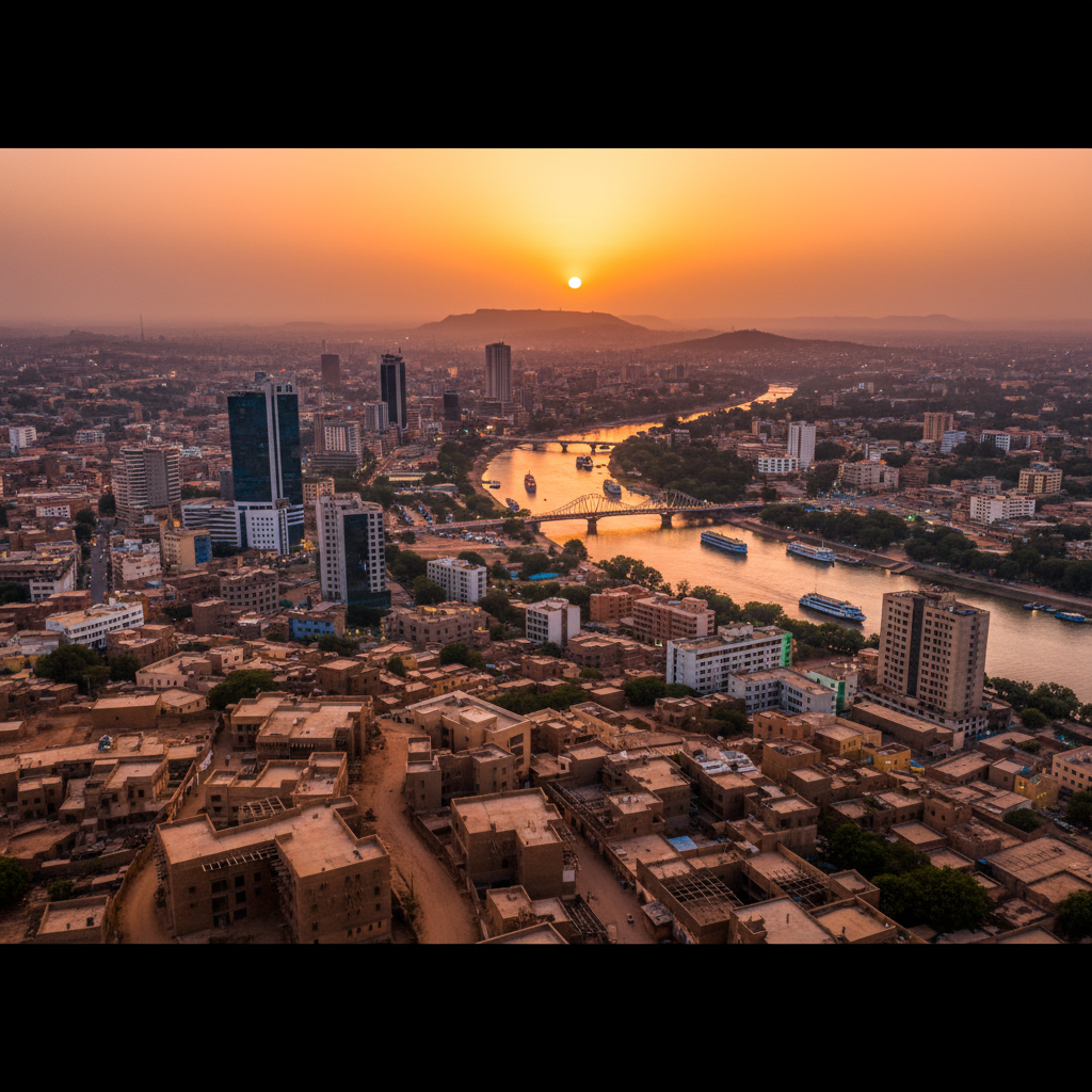 panoramic view of the city of Bamako at dusk, showing a mix of traditional and modern architecture