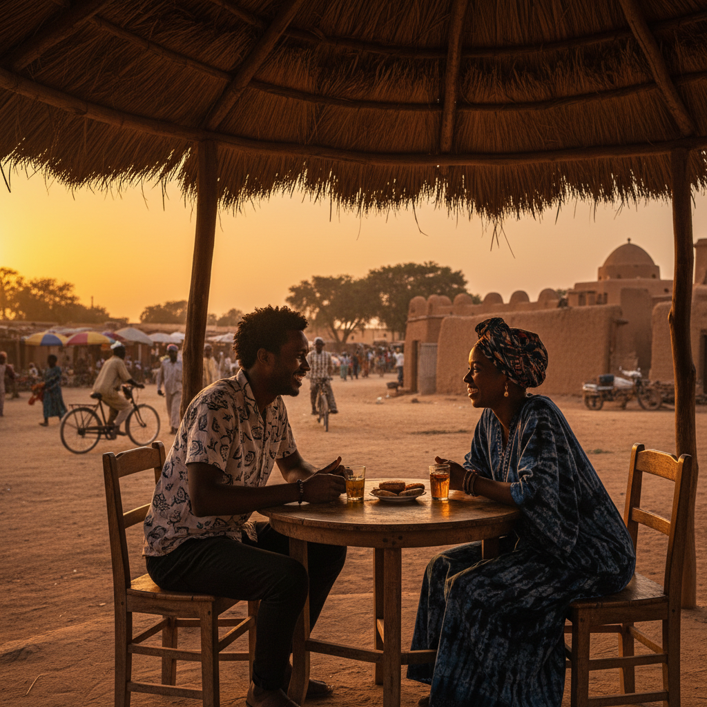 couple sitting at a cafe table in Mali, looking at each other with smiles, subtle interaction