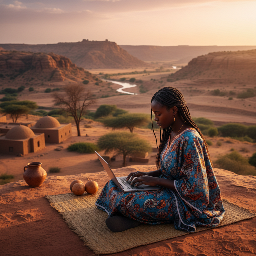 Malian woman using a laptop in a bright, open space, looking determined and focused