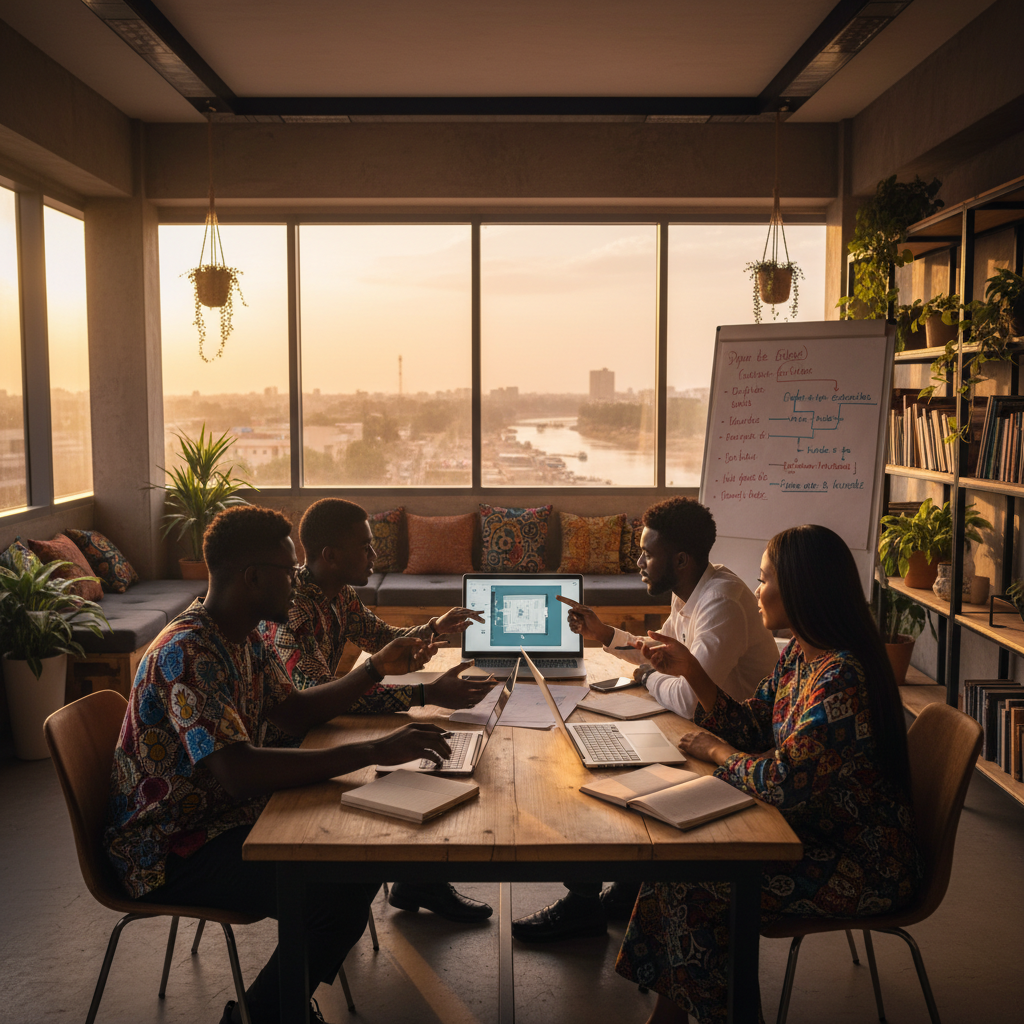 young Malian entrepreneurs discussing plans in a modern co-working space, natural light
