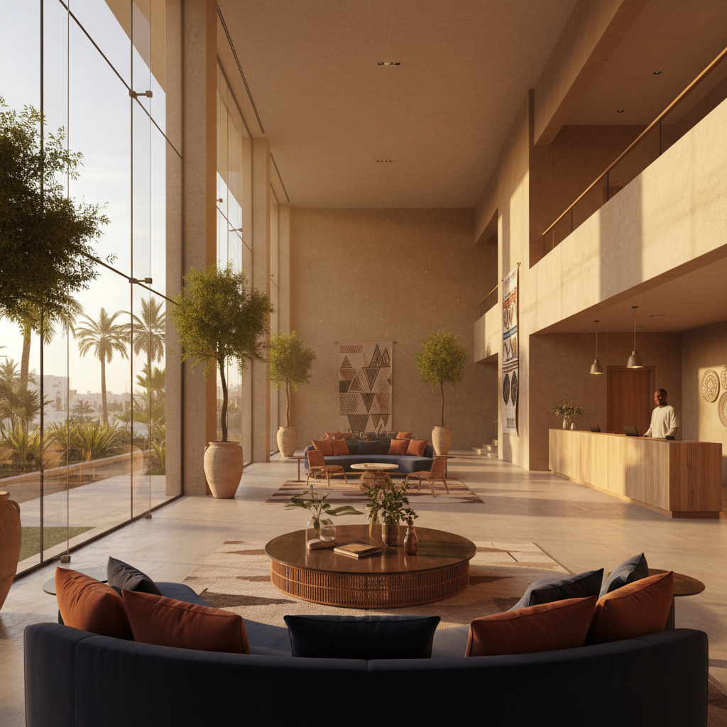 interior of a modern hotel lobby in Mali, clean design, natural light, welcoming atmosphere