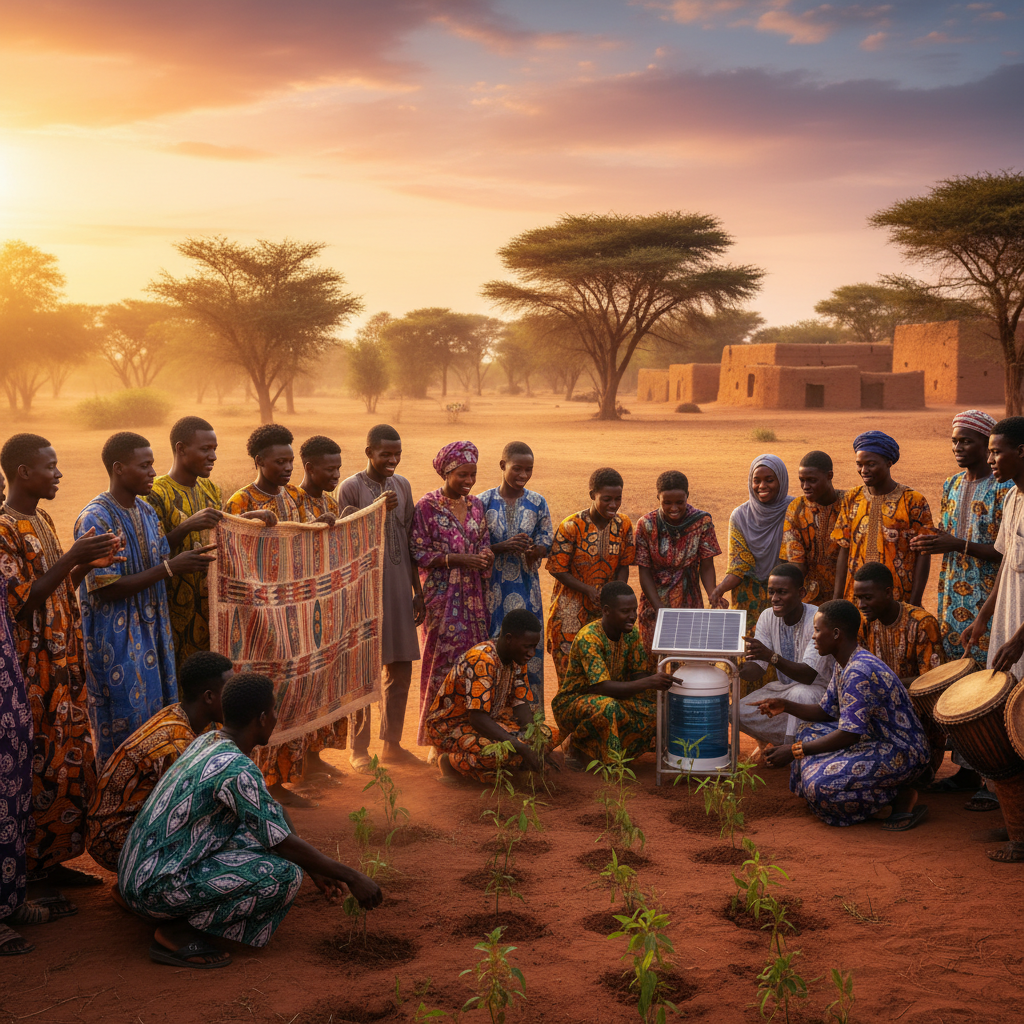 diverse group of young Malian adults participating in a community event, engaged and smiling