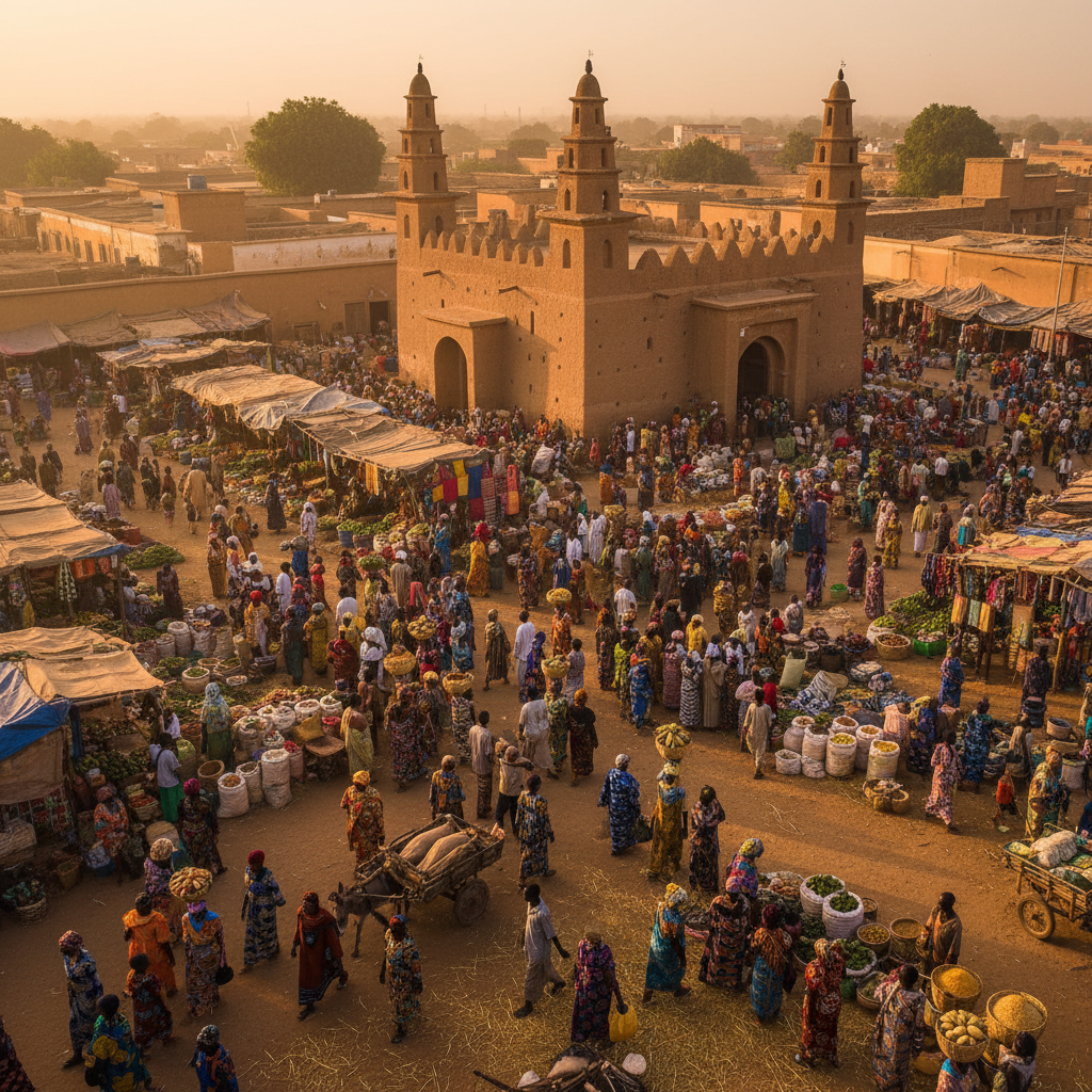 overhead view of a bustling Malian market square with people interacting, daytime, vibrant colors