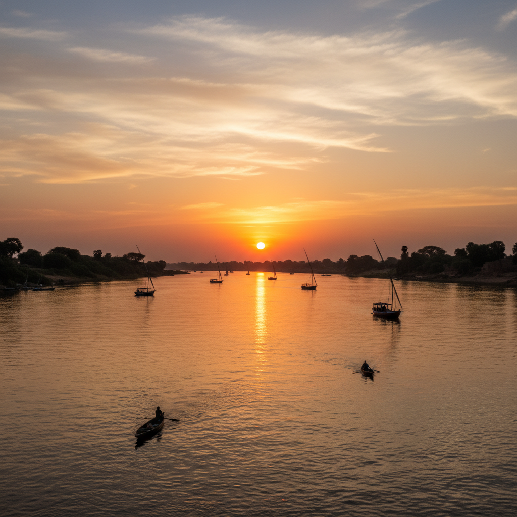 romantic sunset view over the Niger River in Mali, silhouette of boats on the water