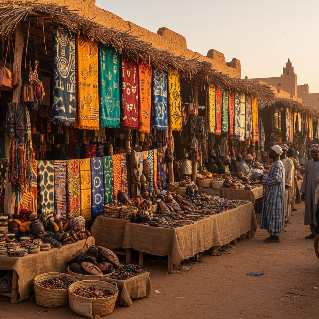 colorful textiles and crafts displayed at a local artisan shop in Mali, detailed textures