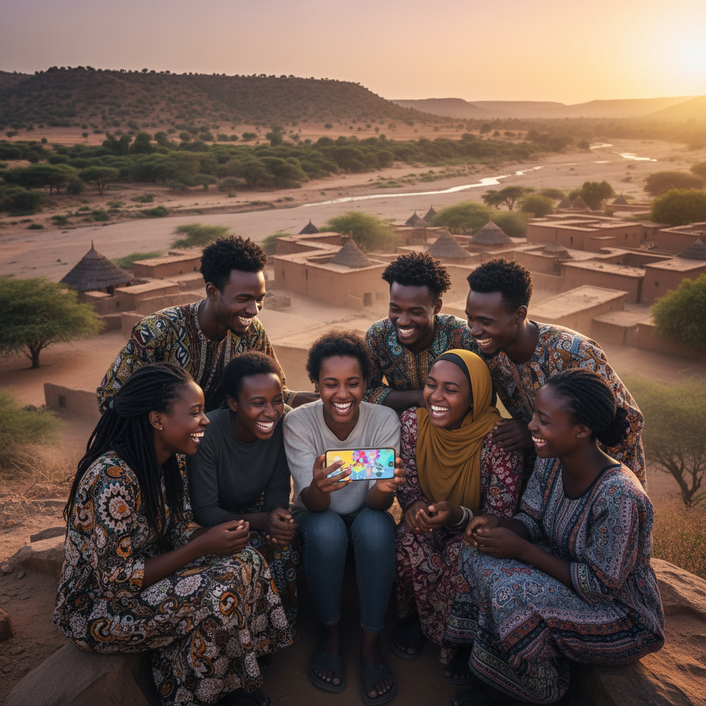 group of young Malian adults laughing while looking at a smartphone displaying a trending video