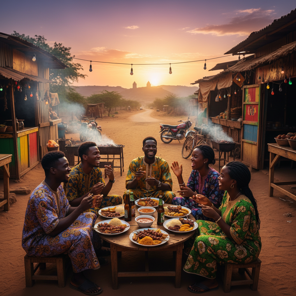 friends gathered at a roadside eatery ('maquis') in Mali, enjoying food and conversation