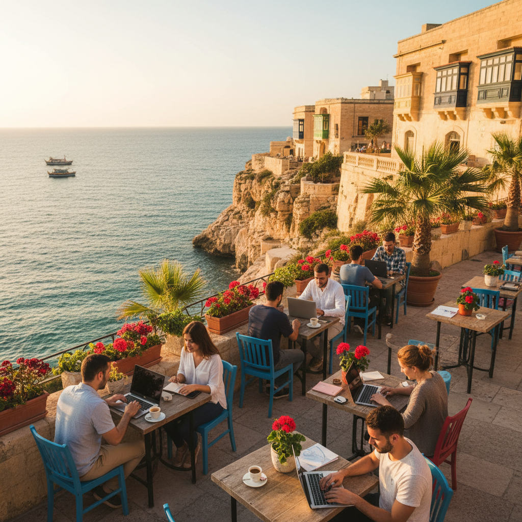 Malta young adults working cafe horizontal