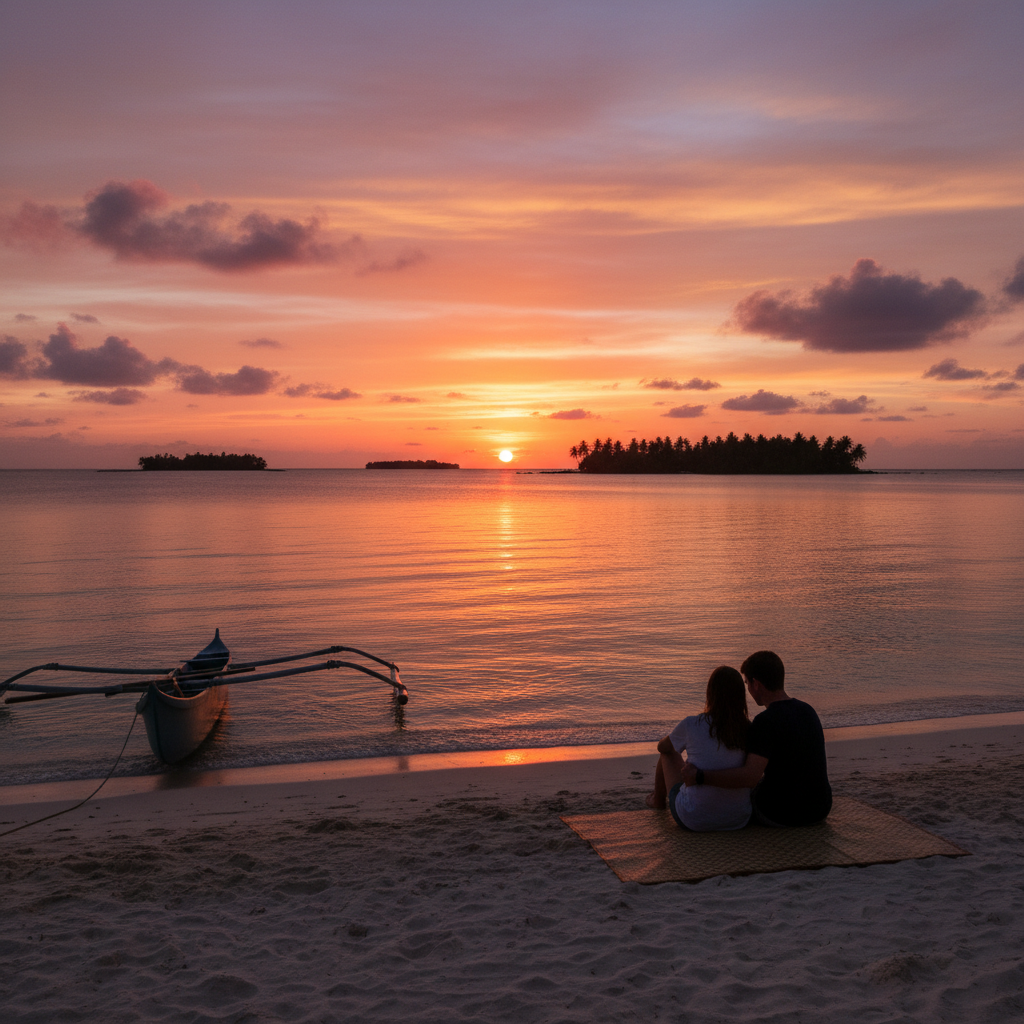 Couple watching sunset Majuro Marshall Islands lagoon romantic Pacific
