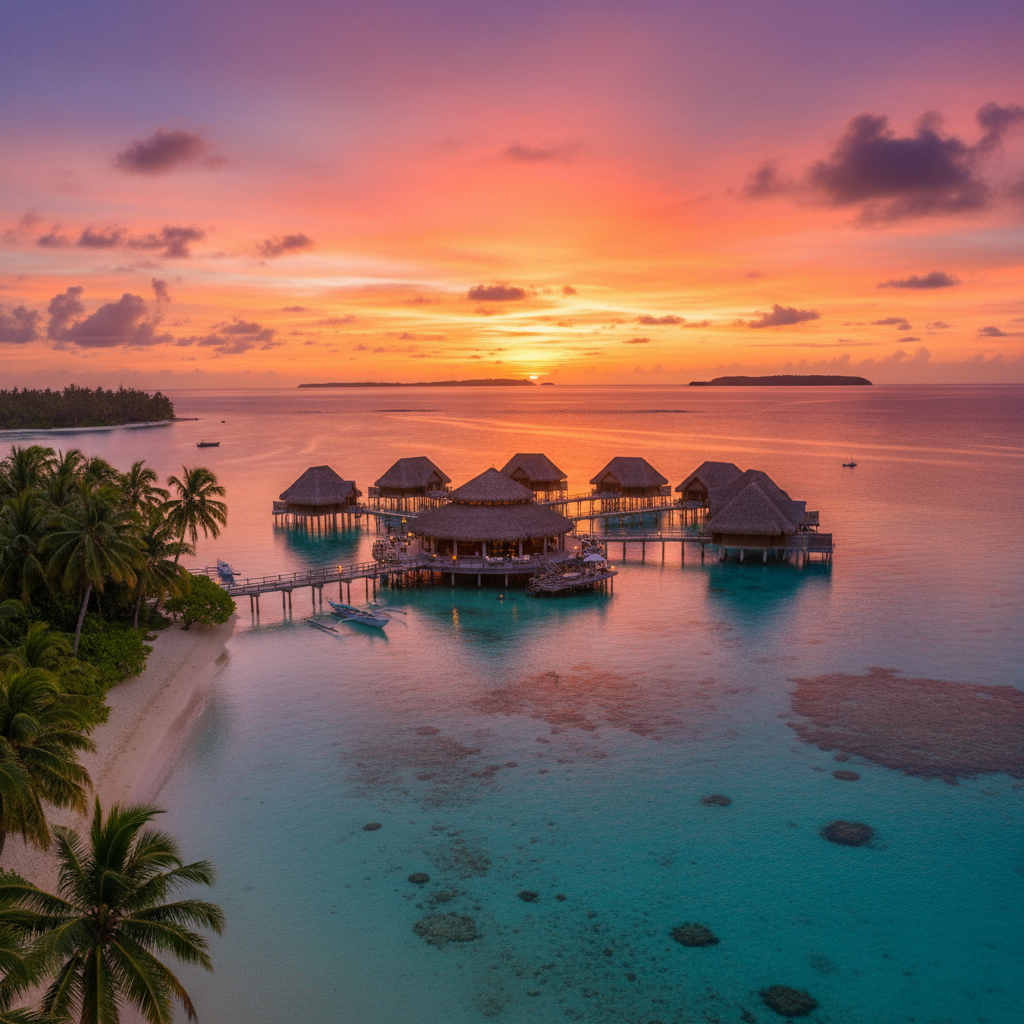 Marshall Islands resort hotel lagoon view Pacific tropical sunset overwater