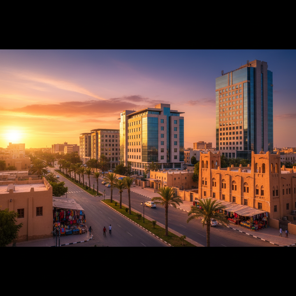 street view of Nouakchott, modern buildings alongside traditional architecture, Mauritania, horizontal