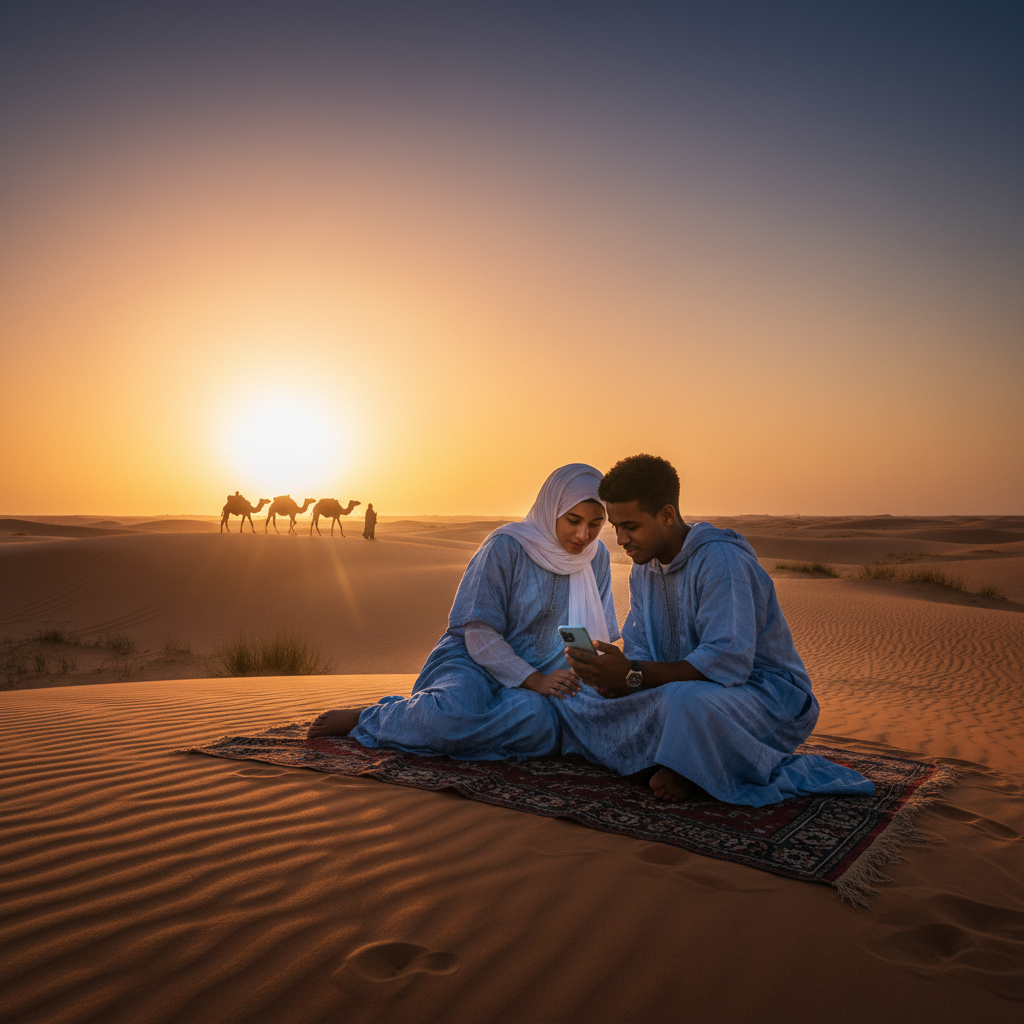 couple looking at a phone screen together in Mauritania, subtle, horizontal
