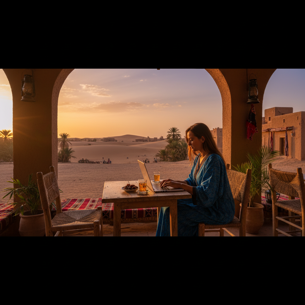 person working on a laptop in a cafe in Mauritania, horizontal