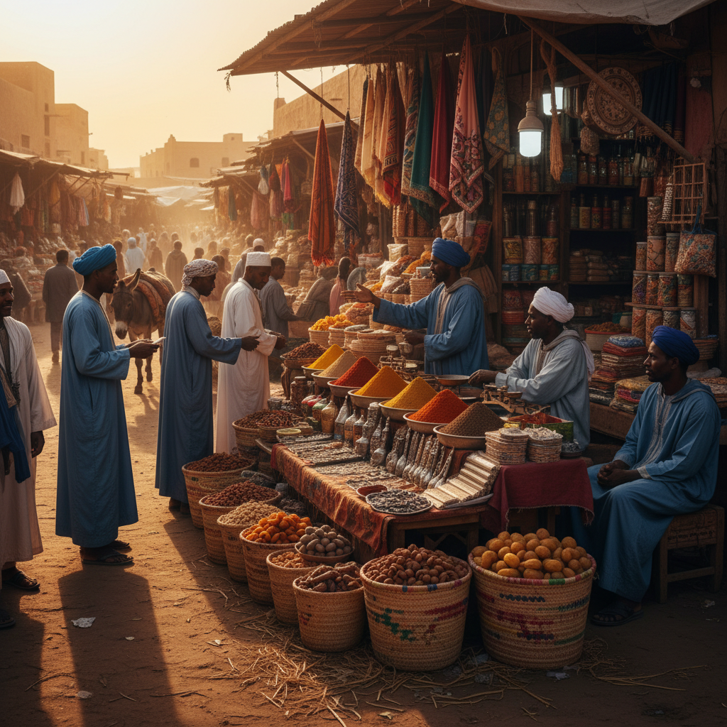 busy marketplace stall in Mauritania, goods displayed, horizontal