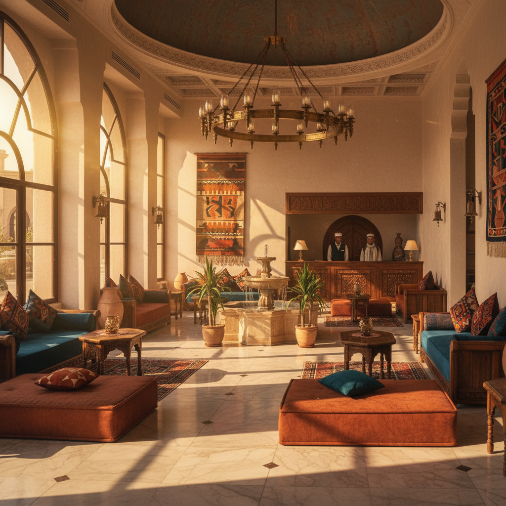 interior of a boutique hotel lobby in Nouakchott, Mauritania, horizontal